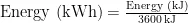Energy conversion equation: kilowatt-hours equal kilojoules divided by 3,600